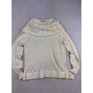 Mesh+Lace Cream Cowl Neck Crochet Knit Sweater Long Sleeve Pullover Large